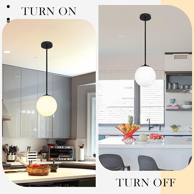 Bagood 6 Inch Globe Pendant Light Black Mid Century Modern Globe Light Fixture Mid Century Milk Glass Pendant Lamp Matte Black Finished with Milk Glass Lampshade for Kitchen Island