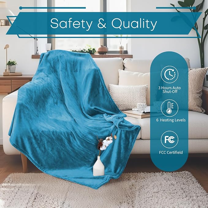 Electric Heated Blanket 62"x84" Twin Size, Dual-Sided Flannel & Sherpa, 6 Heat Settings & 1-10H Auto Off, Soft Warm for Home Office Bed Couch, Machine Washable, ETL Certified, Tile Blue