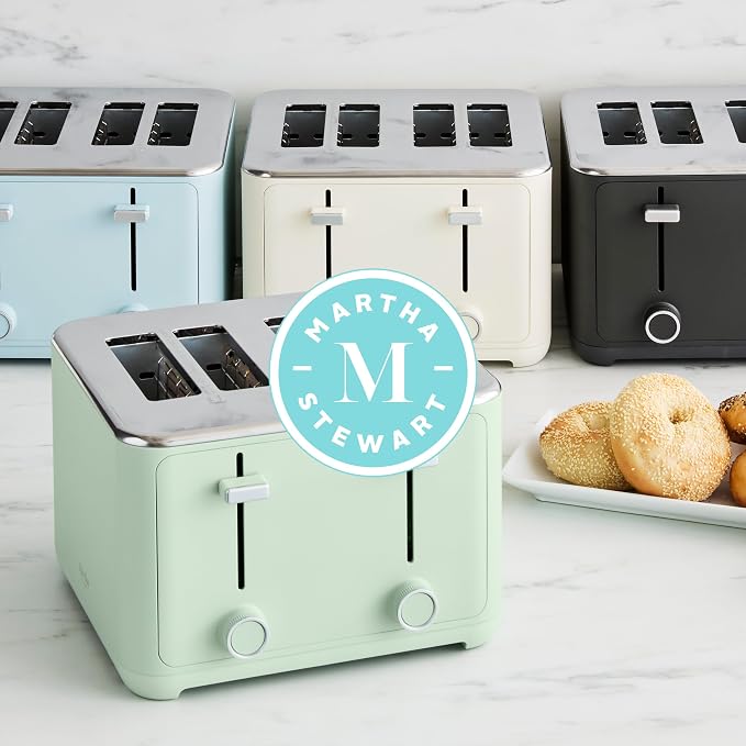 Martha Stewart 4 Slice Toaster, 10 Shade Settings with Defrost, Cancel, Bagel & Gluten-Free, Extra-Wide Self-Centering Slots for Waffles & Artisan Bread, Removable Crumb Tray, Cord Wrap, 1800W, Linen