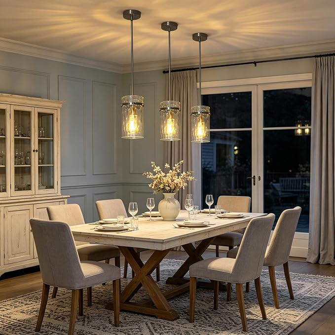 5.5" Brush Nickel Hammered Glass Pendant Light Fixtures, Brushed Nickel Kitchen Pendant Lights, Modern Kitchen Island Light Dining Room Light Farmhouse Island Lights Sink 2 Pack