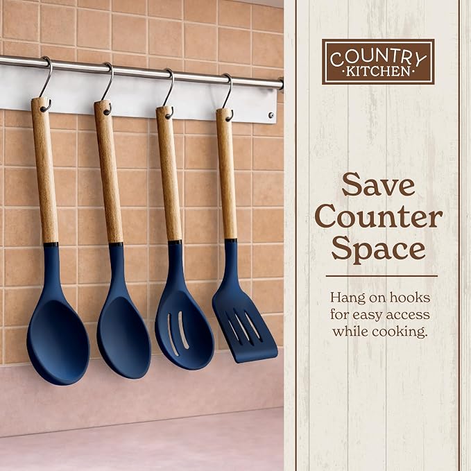 Country Kitchen Non Stick Silicone Utensil Set with Rounded Wood Handles for Cooking and Baking, 8 Piece Set, Navy
