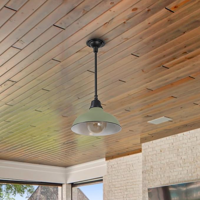 JONATHAN Y 12.25" Matte Olive Green 1-Light Farmhouse Indoor/Outdoor LED Pendant Iron Hanging Light, and Black Metal Shade, Rustic Ceiling Lamp for Kitchen Island, LED Bulb Included (JYL7611I)