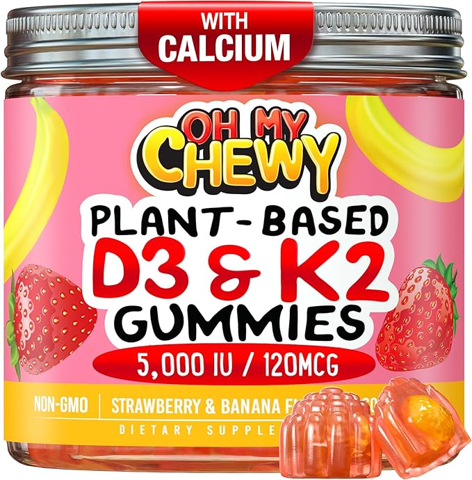 Center-Filled Vitamin D3 K2 & Calcium Gummies - Supplement for Healthy Teeth, Bone & Energy - 5000 IU D3, 120 mcg K2(MK-7), 120 mg CA - Vegan & Non-GMO - 120 Count