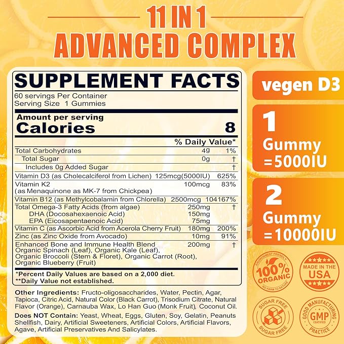 ビタミンD3 K2グミ 5000IU / 10,000IU オメガ3 250mg+K2(MK-7) 100mcg配合 -標準D3K2の5倍吸収、ビタミンC、亜鉛、5種のオーガニック野菜配合、骨と歯の健康、免疫をサポート、1パック