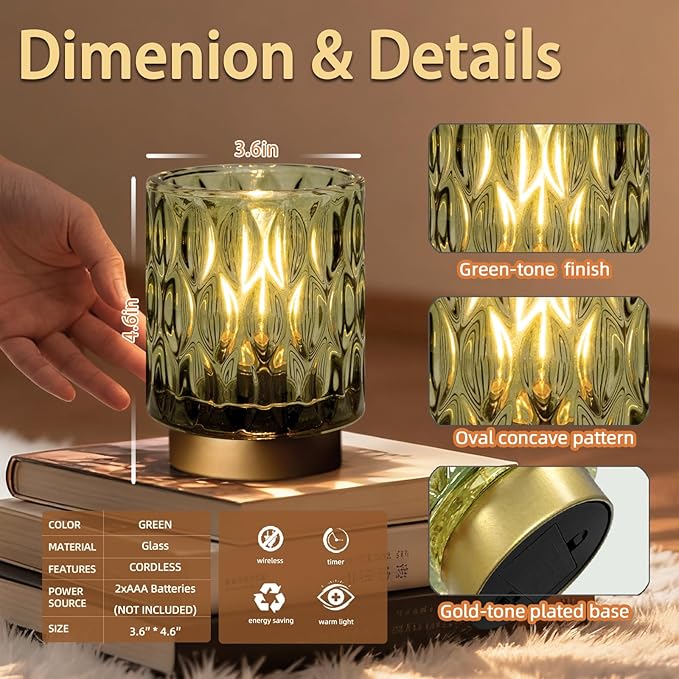 Battery Operated Table Lamps Timer, Mini Crystal Lamp for Area No Plug, Cordless Lamp with LED Bulb for Power Outage, Decorative Lamps for Tabletop/Corner/Entryway/Stairway/Bathroom (2 Green)