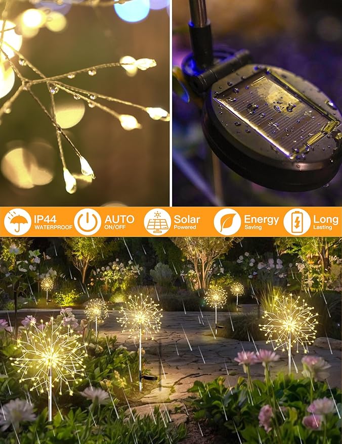 suddus Solar Garden Lights Outdoor Waterproof Decorative, 4Pack 150LED Firework Lights, Solar Fairy Lights for Yard, Garden, Patio, Pathway, Flowerbed, Party, Wedding Outside Decor- Warm White