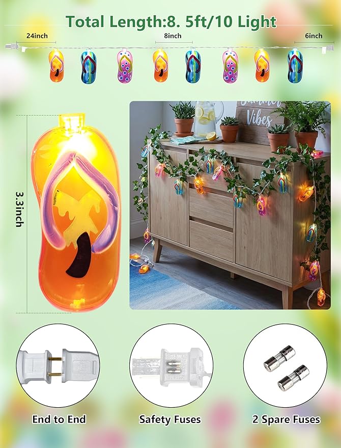Summer Beach Flip Flop String Lights Plug in, 8.5FT Outdoor Hawaiian Tropical Themed Decoration Lights with 10 LED Multicolor Beach Slipper Lights for Patio Party Birthday Home Window Tent Home Decor