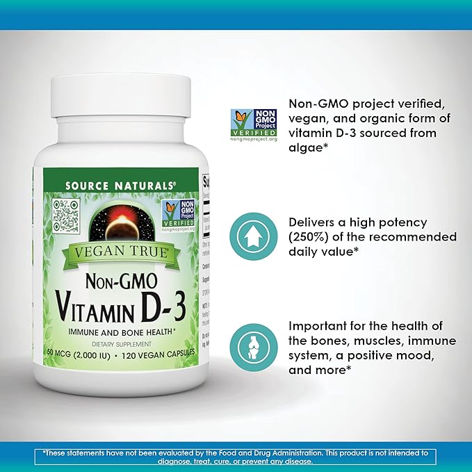 Source Naturals Vegan True, Vitamine D-3 sans OGM, Complément Alimentaire pour la Santé Immunitaire et Osseuse*, 2 000 UI - 90 Gélules