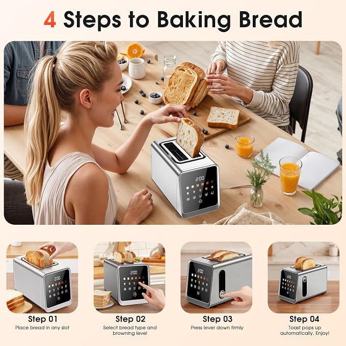 Smart Toaster 2 Slice with Touchscreen, 900W Stainless Steel Wide Slot 1.5 Inch, BreadID Tech Live Countdown Timer, Memory Function, Defrost Reheat for Bagel Waffle Bread, Kitchen Essentials