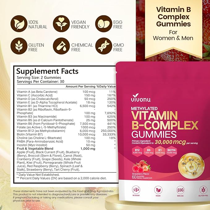 Gummies de Complexe de Vitamines B VivoNu, 6000 mcg de Vitamine B12 Méthylée, avec B6 B1, B2, B3, B5, B7, Méthylfolate, Vitamines A C D E, Véganes, Sans OGM, Vitamine B Complexe Méthylée (2 Sacs)