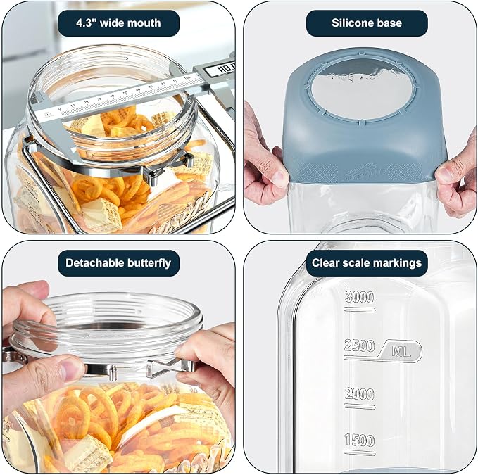 2 Pack Square Glass Containers with Airtight Lids, Wide Mouth Mason Jars, 1 Gallon Glass Jar With Handle & Non-slip Base & Scale Mark, 128 Oz Pantry Storage Canisters for Flour, Rice, Pickle