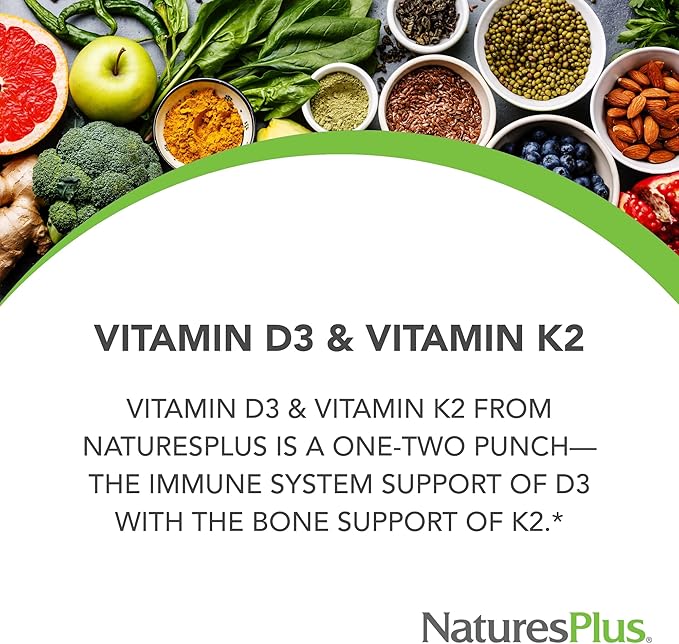 NaturesPlus Vitamines D3 (1000 UI) & K2 (100 mcg) - Végétarien, Sans Gluten - 90 Gélules, 90 Portions