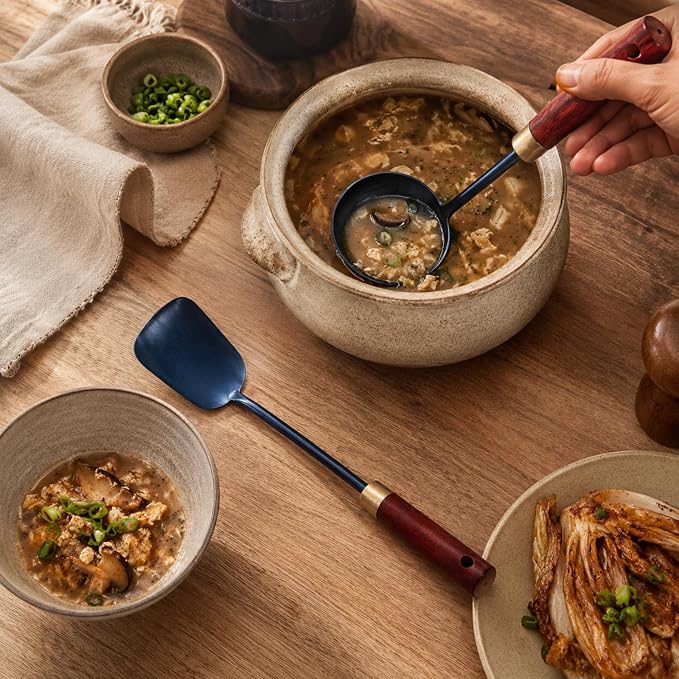 Calmabode 11” Hand-Forged Blued Iron Wok Spatula and Ladle Set | Hand-forged blued iron utensils with heat-resistant wood handles, ideal for wok cooking, stir-fry, sautéing and serving