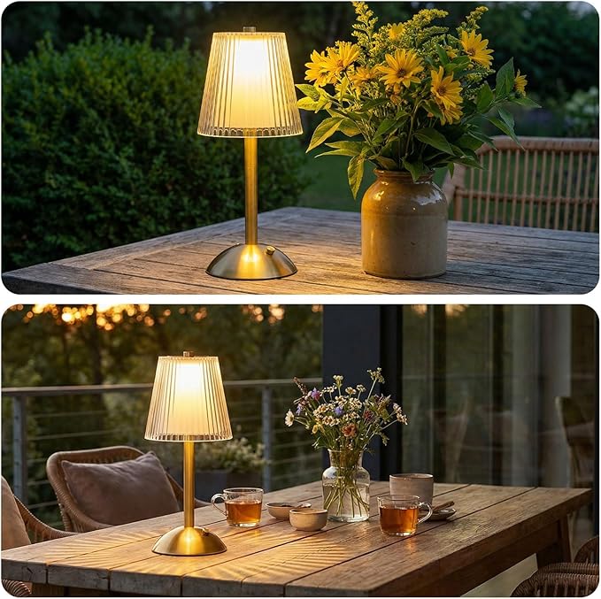 Liliful 2 Pcs Cordless Table Lamp Rechargeable Touch LED Small Gold Portable Battery Operated USB-c Desk Lamp 3 Color Dimmable for Bedroom Living Room Dining (Gold,Hollow Lined Style)