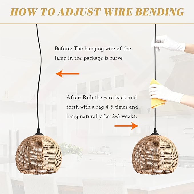 2 Pack Wicker Pendant Light Natural Woven Pendant Light Boho Chandelier Light Fixture Dome Rustic Farmhouse Pendant Lights Rattan Light Fixture for Kitchen Island Dining Room (Bulb Incl.)