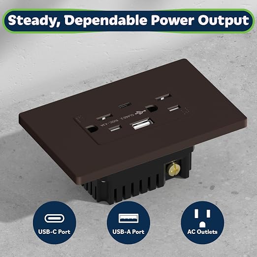 TOPGREENER 2-Port USB Outlet, 4.2A Type C USB Wall Outlet, 15 Amp TR Receptacle Plug, Charging Power Outlet with USB Ports, Wall Plate Included, UL Listed, TU21536AC-BR-2PCS, Brown, 2 Pack