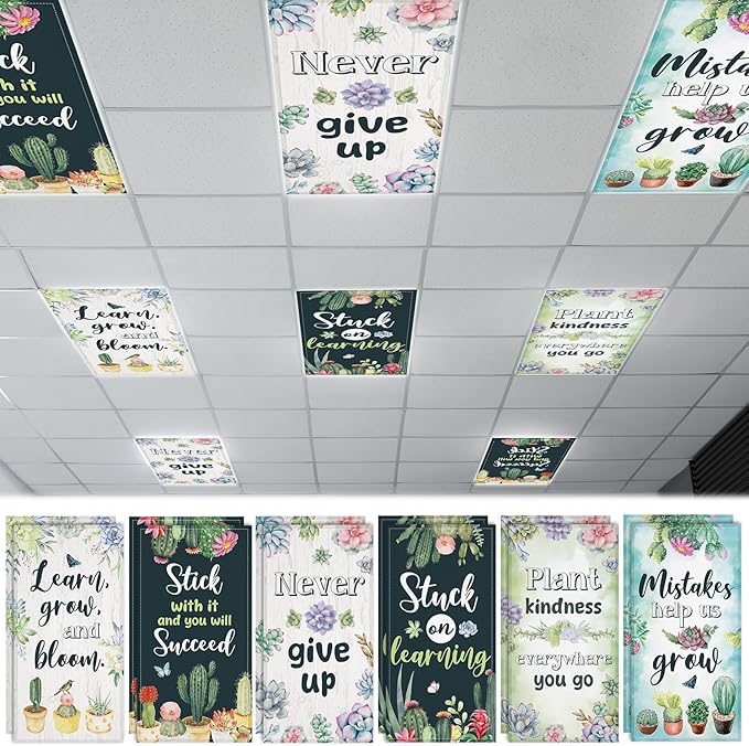 12 Pcs Fluorescent Light Covers for Classroom Ceiling Light 4 x 2 Ft Decorative Magnetic Lights Cover Filter Easy Install for School Office Home Hospital Drop Ceiling Supplies (Succulent Motivational)