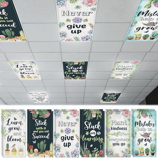 12 Pcs Fluorescent Light Covers for Classroom Ceiling Light 4 x 2 Ft Decorative Magnetic Lights Cover Filter Easy Install for School Office Home Hospital Drop Ceiling Supplies (Succulent Motivational)
