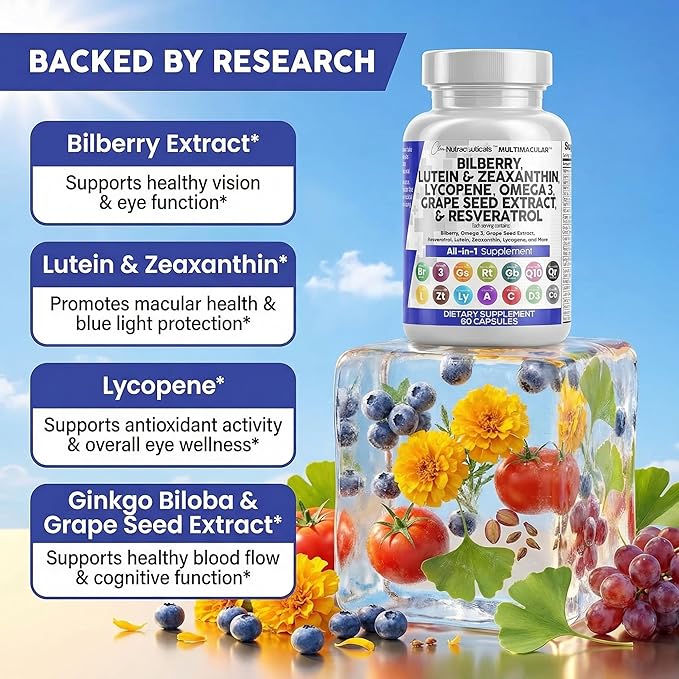 Clean Nutra Eye Vitamins with Bilberry Lutein and Zeaxanthin Supplements Lycopene 40mg Resveratrol Grape Seed Astaxanthin for Eyes - Eye Care Health Support Eye Vitamin and Mineral Supplement
