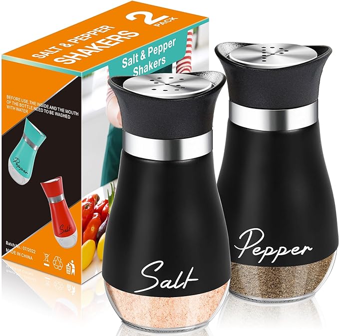 Salt and Pepper Shakers Set,4 oz Glass Bottom Salt Pepper Shaker with Stainless Steel Lid for Kitchen Gadgets Cooking Table, RV, Camp,BBQ Refillable Design (Black)