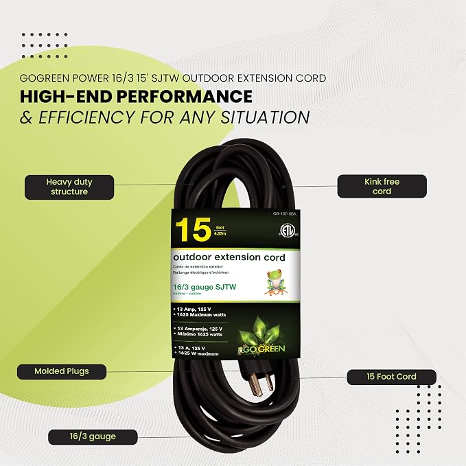 Power By GoGreen Go Green Power Inc. (GG-13715BK) 16/3 SJTW Outdoor Extension Cord, Black, 15 ft