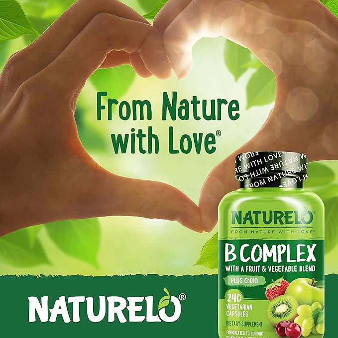 NATURELO Vitamin B Complex, 240 Capsules, Vegan, CoQ10, Methyl Folate, Biotin, Fruit & Veg Blend, Supports Energy and Healthy Stress Response, Super B Complex Vitamins for Women and Men