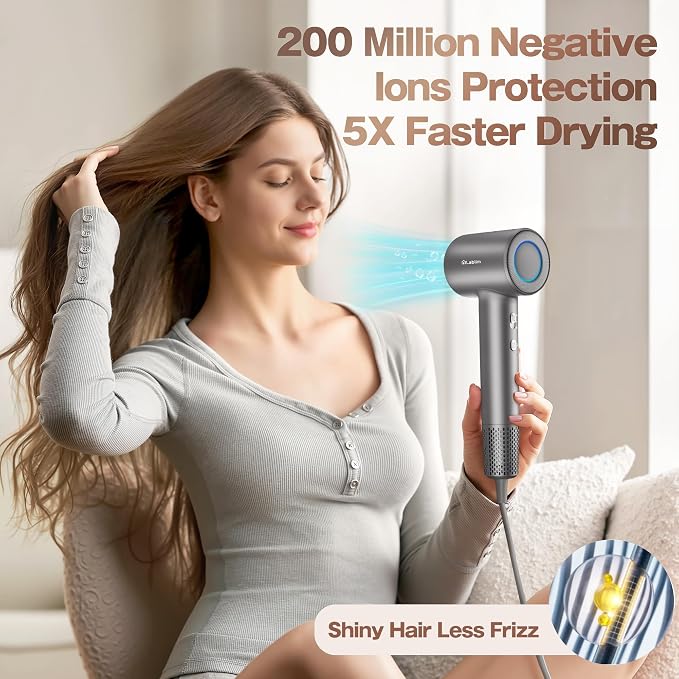 Labiim Hair Dryer, High-Speed Ionic Blow Dryer 110,000 RPM Brushless Motor for Fast Drying, 200M Ions Frizz & Thermo-Control HairDryer with Magnetic Nozzle, Quiet Compact for Home Travel, Gray