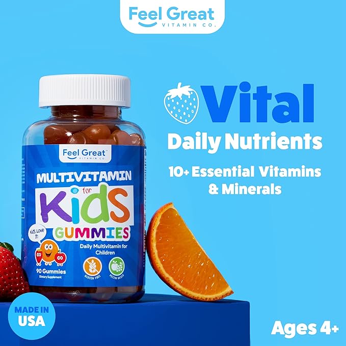 Gummies multivitamines Feel Great Kids | Vitamines saveur agrumes et fraise pour enfants | Gummies multivitamines avec vitamine D pour le soutien des os, des muscles et du système immunitaire | Vitamines à croquer | Pour 45 jours