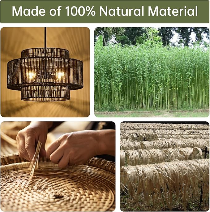 4-Light Black Boho Rattan Chandelier for Dining Room, 17.7” Hand Woven Pendant Light Fixture, Coastal Wicker Hanging Ceiling Light for Kitchen Island Living Room Bedroom Entryway Foyer