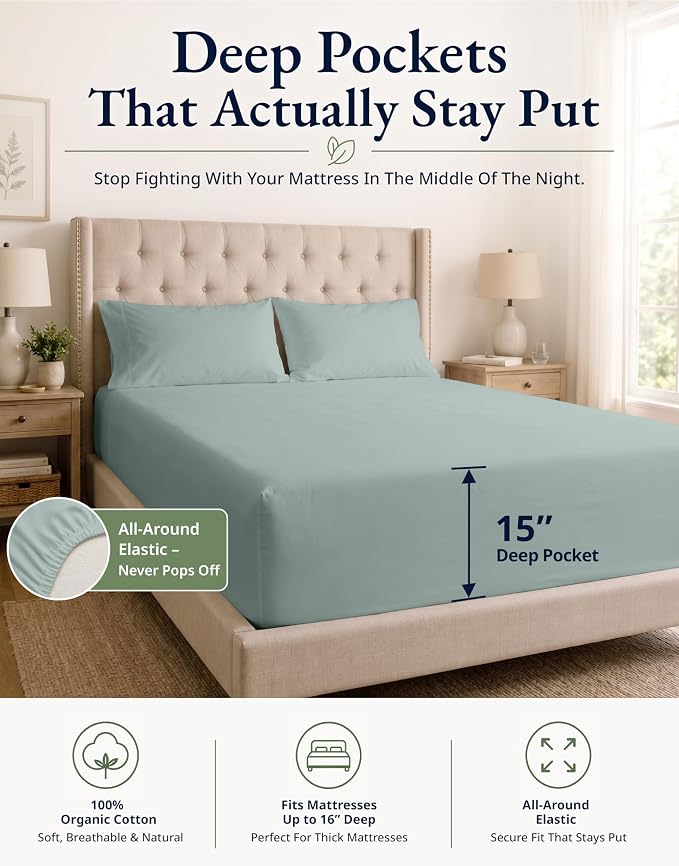 LANE LINEN Twin XL Fitted Sheet - 100% Organic Cotton 2 Pc Set (1 Fitted Sheet, 1 Pillowcase), Percale Weave, Lightweight, Soft, Breathable, Fits Mattress Upto 15" Deep - French Blue (No Flat Sheet)