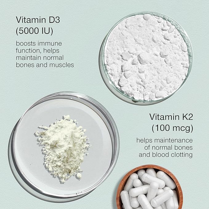 Gélules SuperSelf Vitamine D3 K2 - Vitamine D3 5000 UI et Vitamine K MK7 100mcg - 60 Gélules - Complément de Vitamine D végétarien fabriqué aux États-Unis - Vitamine D à haute dose pour les os, les muscles, les dents, le système immunitaire