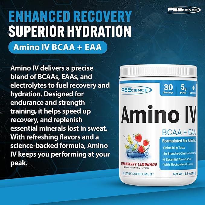 PEScience Amino IV BCAA & EAA Powder, Essential Amino Acids, Taurine, Electrolytes for Hydration and Muscle Recovery, Sugar Free for Men & Women, Post Workout - Strawberry Lemonade, 30 Servings