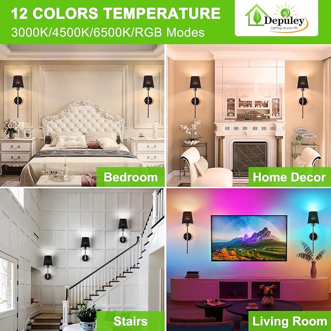 Depuley Battery Operated Wall Sconce: 24" Set of 2 Wireless Wall Lights with Remote for Bedroom - Rechargeable 15 Colors Black Wall Lamp for Living Room Hallway Home Decor