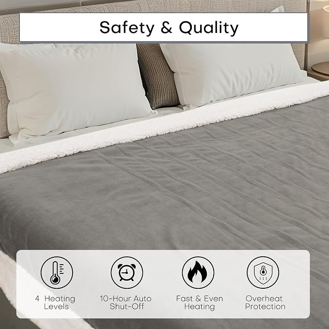 Electric Heated Blanket 62"x84" Twin Size for Safe All Night Rest, Dual-Sided Microplush Sherpa for Bedroom Couch Use, 4 Heat Settings & 10 Hours Auto Off Energy Saving, Machine Washable - Light Gray