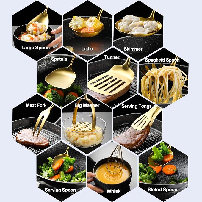 Gold Kitchen Utensils for Cooking 13 PCS Stainless Steel, Solid Slotted Spoon, Fork, Spatula, Ladle, Skimmer, Slotted Tunner, Spaghetti Large Spoon, Meat Fork, Masher, Whisk, Tongs