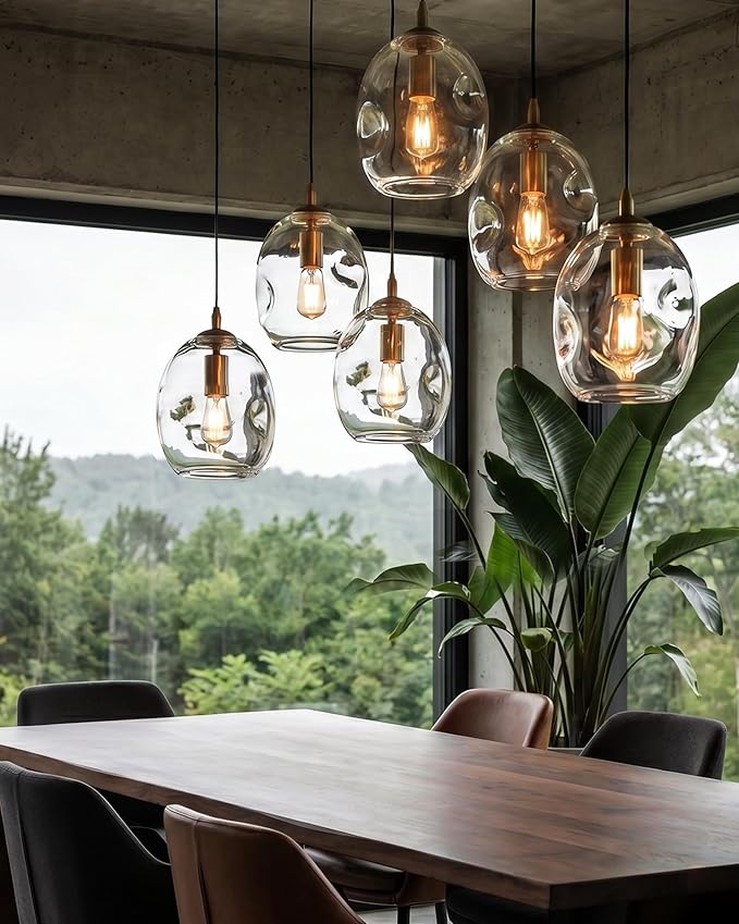 CASAMOTION Glass Pendant Light Gold and Clear Organic Globe Ceiling Hanging Fixtures Modern Industrial Ambient Lighting Over Kitchen Island Sink Bar Counter Porch Small Medium Lamp 8 Inch H