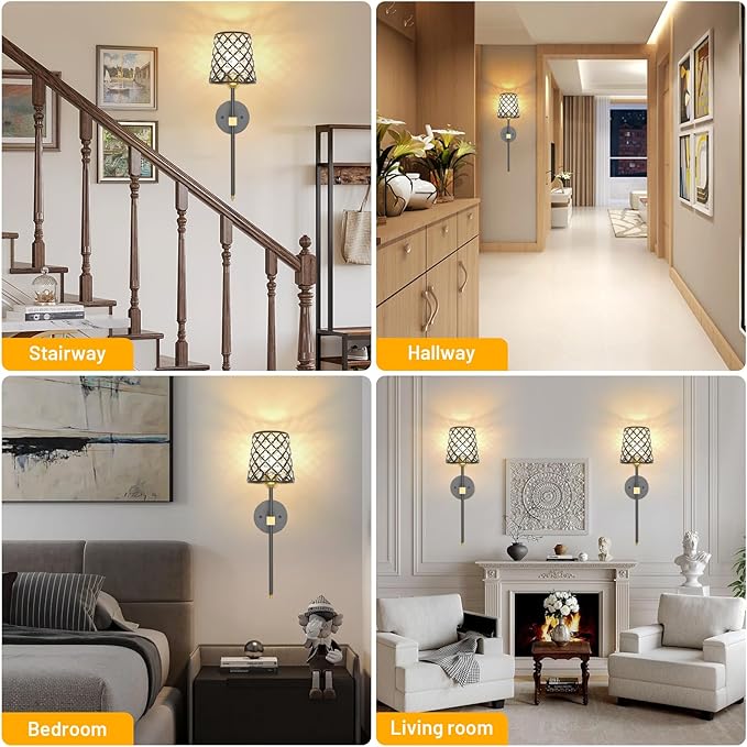 Crystal Battery Operated Wall Sconces Set of 2, Black and Gold Rechargeable Wireless Wall Sconce Lights for Home Decor, Dimmable 12 RGB and 3CCT Wall Lamps with Remote for Living Room Bedroom Hallway