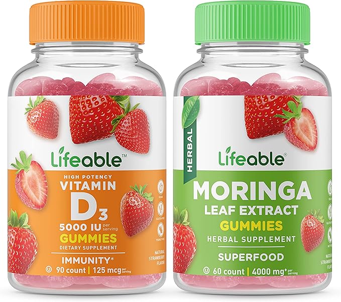 Lifeable Vitamine D 5000 UI + Feuille de Moringa, Lot de gommes – Très bon goût, Complément vitaminique, Sans gluten, Sans OGM, Gélifié à croquer