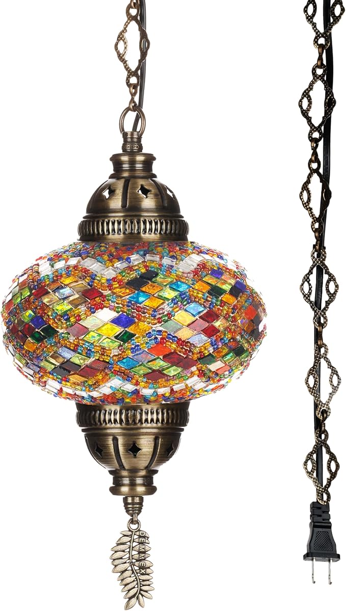 DEMMEX Authentic Turkish Mosaic Plug-in Swag Pendant Light Fixture, Large 6.5" Globe – Moroccan Hanging Ceiling Lamp - 15ft Cord & Chain, US/CA Plug, Exotic Mediterranean Decor, Handmade
