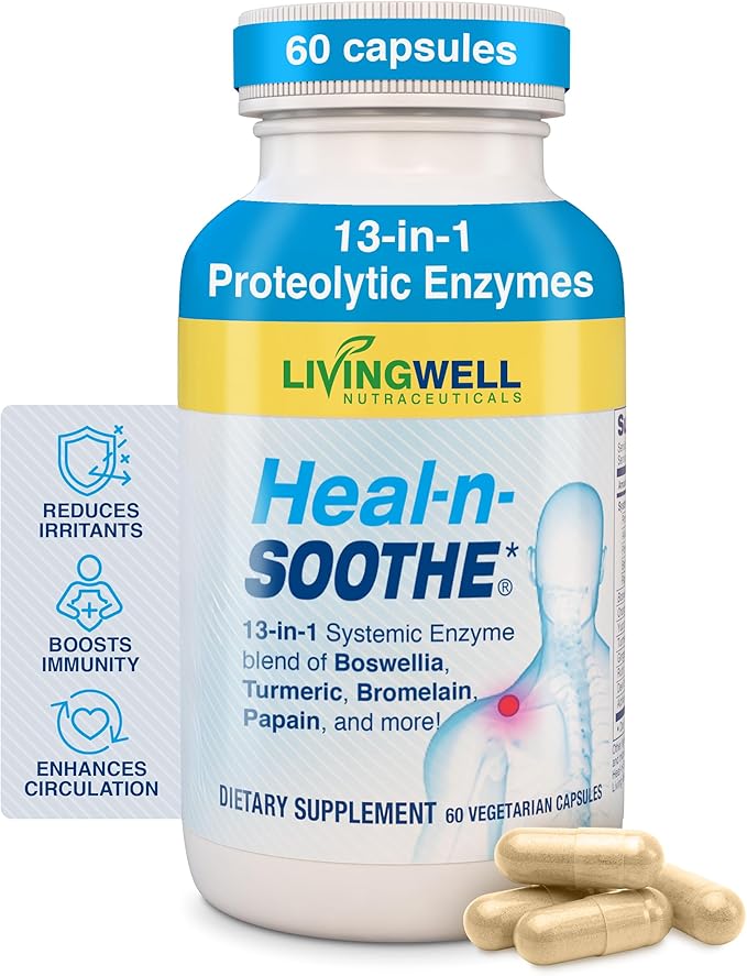 HEAL-N-SOOTHE Complément Articulaire – Formule d'Enzymes Protéolytiques avec Bromélaïne, Papaïne, Boswellia, Curcuma & Gingembre – Mobilité Articulaire, Souplesse Musculaire, Bien-être Circulatoire Sain - 60 Comprimés (1 Paquet)