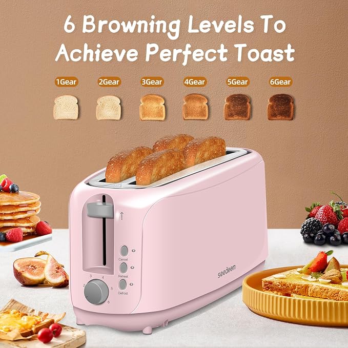 SEEDEEM 4 Slice Toaster, Extra Wide Slots Bread Toaster with 6 Shade Settings, Bagel/Cancel/Defrost/Reheat Functions, Removable Crumb Tray, Auto Shut-Off, Pink