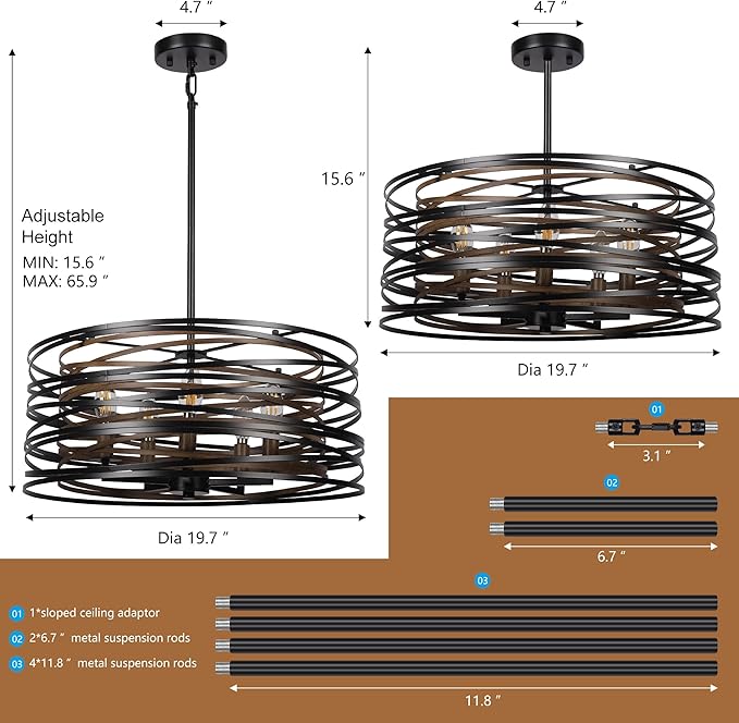 ACNKTZ 19.7'' Farmhouse Dining Room Light Fixture, 5-Light Metal Drum Chandelier, Black with Retro Wood Texture Interior