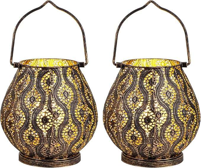 TRIROCKS Set of 2 Moroccan Decorative Lamps 8'' High Cordless Lamp Metal Table Lamps with Fairy Lights Bulb for Home Living Room Garden Yard Party Events Tabletop Indoor Outdoor(Black)