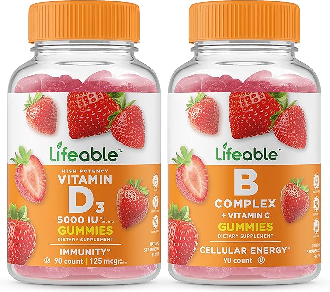 Lifeable Vitamine D 5000 UI + Complexe B, Lot de Gommes - Délicieuses, Complément Vitaminique, Sans Gluten, Sans OGM, Gommes à Mâcher