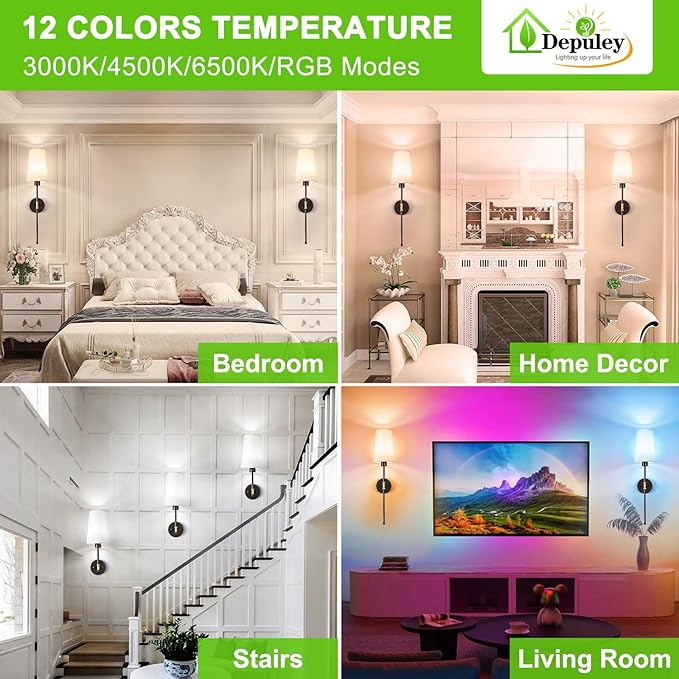 Depuley Battery Operated Wall Sconce: 27" Set of 2 Wireless Wall Lights with Remote for Bedroom - Rechargeable 15 Colors Black and Gold Wall Lamp for Living Room Hallway Decor