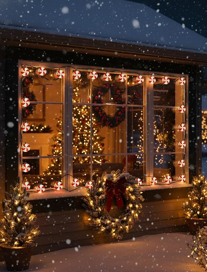 8.5Ft Christmas Candy String Lights, Old Fashioned Christmas Decorations Lights with 10 Red White Peppermint Candy Light Bulbs, Vintage Candy Ornaments Light for Xmas Tree Outdoor Indoor Party Decor