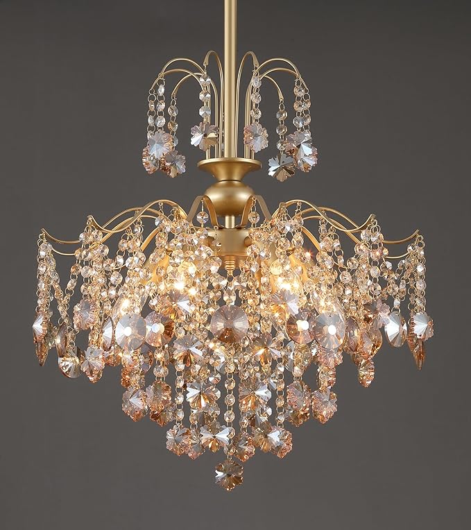 Q&S Modern Gold Crystal Chandelier Amber Crystal Pendant Light 6 Lights for Bedroom Dining Room Entryway Hallway Office Bathroom UL Listed