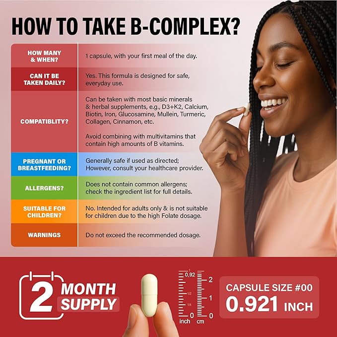 Vitamine B Complexe - B1 | B2 | B3 | B5 | B6 | Biotine | B12 | 5-MTHF - Astragale & Mélange d'aliments entiers - Énergie, Métabolisme & Cerveau - Vitamines B pour femmes et hommes - Fabriqué aux États-Unis - 60 gélules, approvisionnement de 60 jours