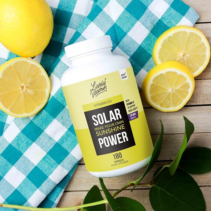 LIVELY VITAMIN CO. Énergie Solaire Vitamine D3 5000 UI - Vitamine K brevetée - MK7 - Équilibre Immunitaire - Fonction Cérébrale - Humeur - Cœur - Stress - 60 Comprimés