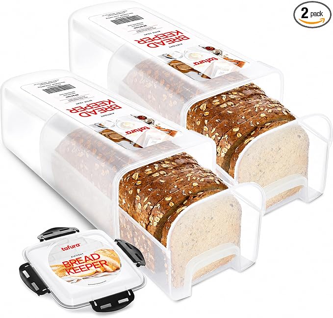 Tafura Bread Storage Container - 2 Pack BPA Free Plastic Bread Box with Ingeniously Tray - Airtight Container/Holder for Homemade Loaves and Baked Goods